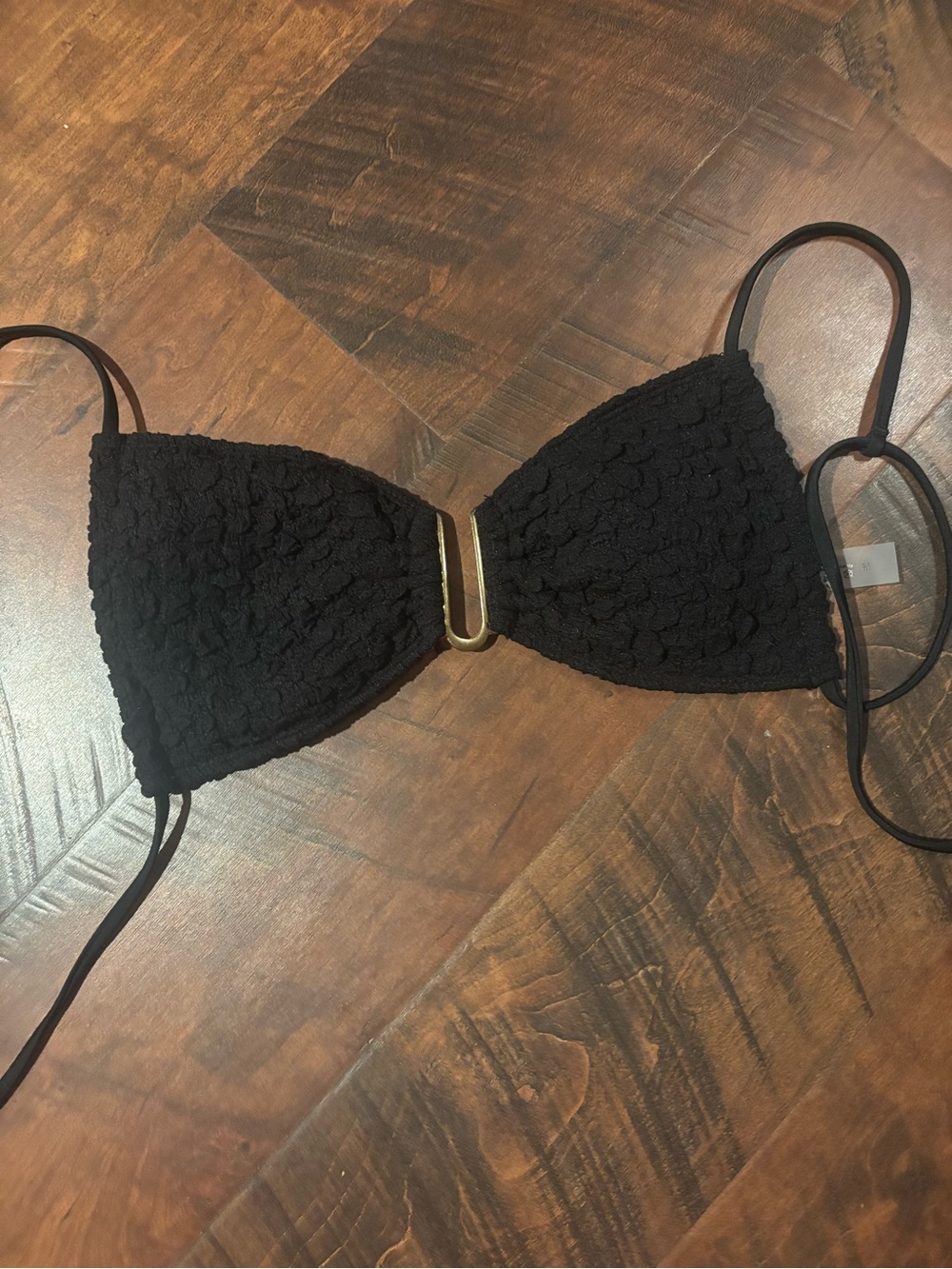 Black Textured Triangle Bikini Top with Center Accent